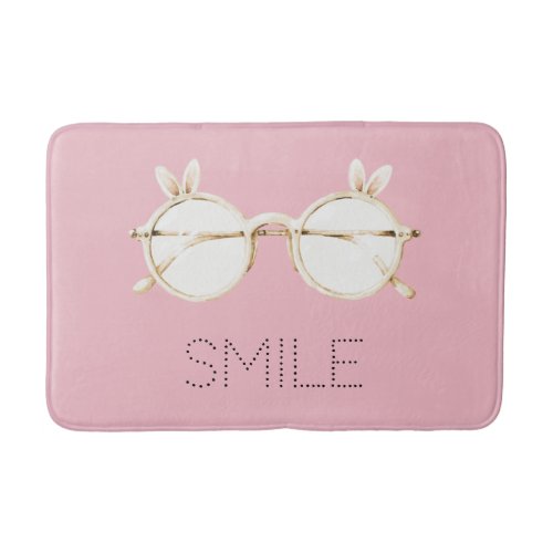 Pink White Bunny Ears Glasses Smile Bath Mat