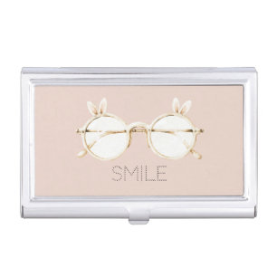 Pink White Bunny Ears Glasses Smile Business Card Case