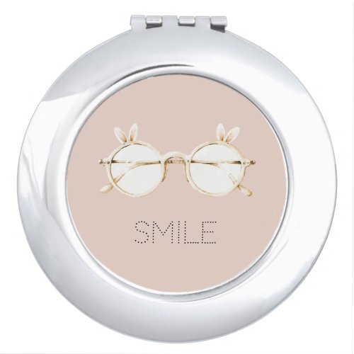Pink White Bunny Ears Glasses Smile Compact Mirror