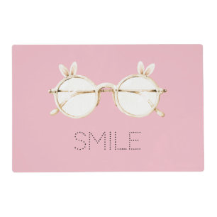 Pink White Bunny Ears Glasses Smile Placemat
