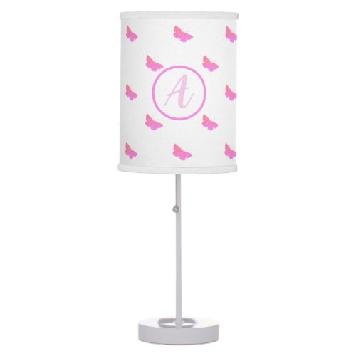 Pink White Butterfly Monogram Girly Cute Nursery Table Lamp