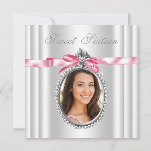 Pink White Cameo Photo Sweet 16 Birthday Party Personalized Announcements