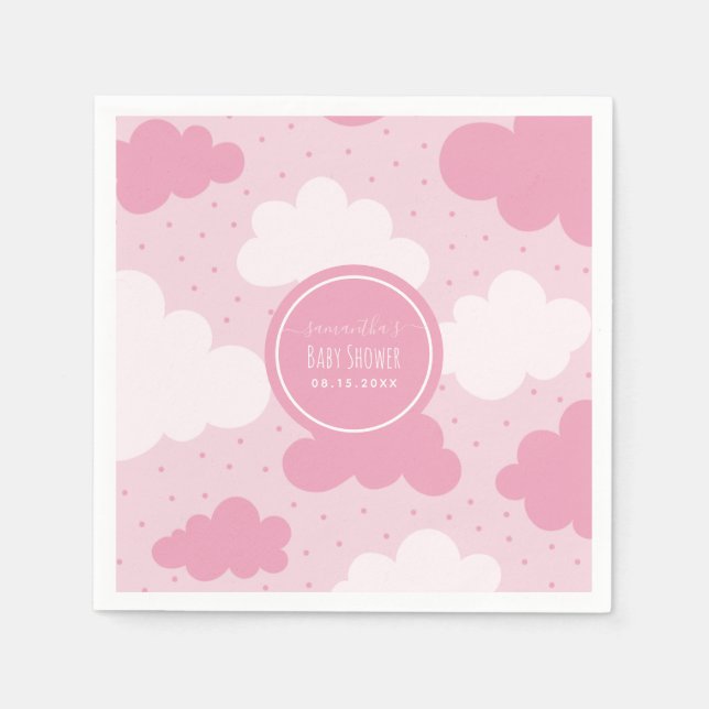 Pink & White Cartoon Clouds Girl Baby Shower Cute  Napkins (Front)