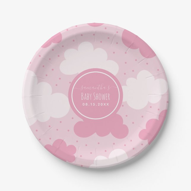 Pink & White Cartoon Clouds Girl Baby Shower Cute Paper Plates (Front)