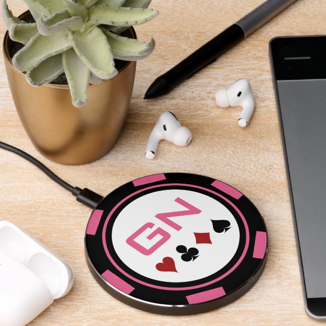 Pink White Casino Poker Chip With Monogram Wireless Charger (Desk 2)