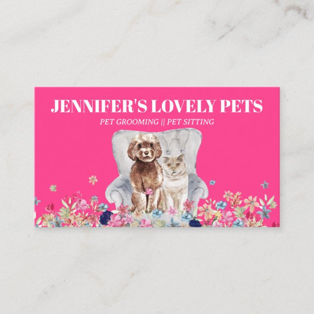 Pink White Cat Dog Pet Business Card (Front)