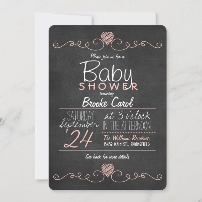 Pink & White Chalk Hearts; Chalkboard Baby Shower Invitation (Front)