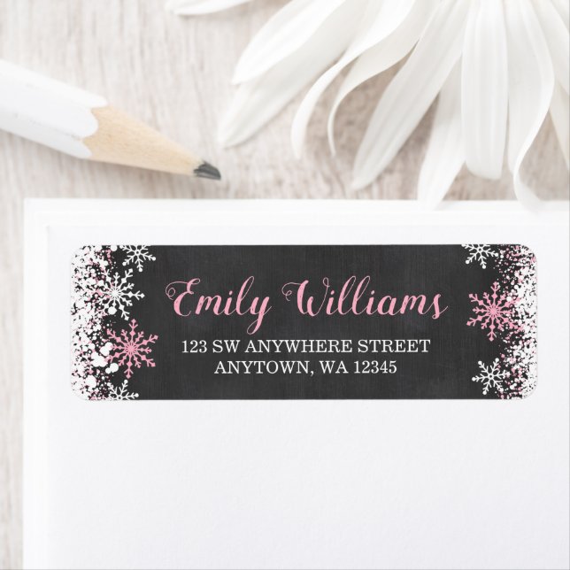 Pink White Chalkboard Snowflake Return Address Label (Insitu)