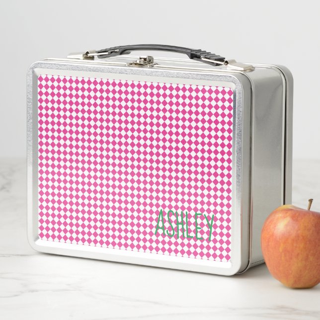Pink White check Green custom name school  Metal Lunch Box (In Situ)