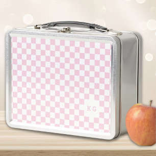 Pink & White Check Pattern Monogram Initials Metal Lunch Box