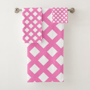 Pink White Checker Diamond Pattern Bath Towel Set