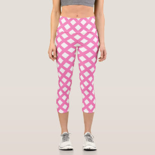 Pink White Checker Diamond Pattern Capri Leggings