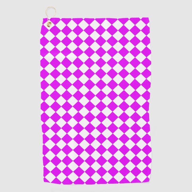 Pink White Checker Diamond Pattern Golf Towel (Front)