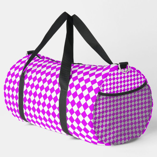 Pink White Checker Diamond Pattern Large Duffle Bag (Right Corner)