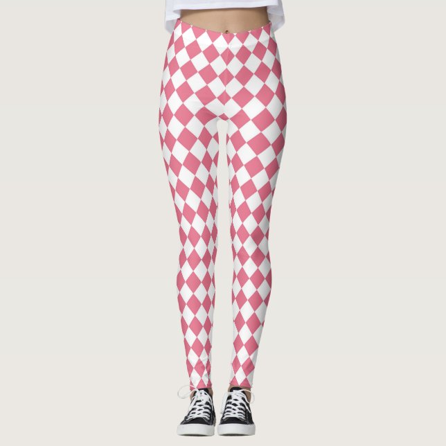 Pink White Checker Diamond Pattern Leggings (Front)