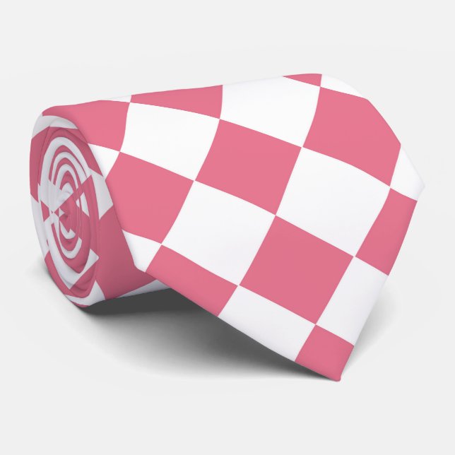 Pink White Checker Diamond Pattern Neck Tie (Rolled)