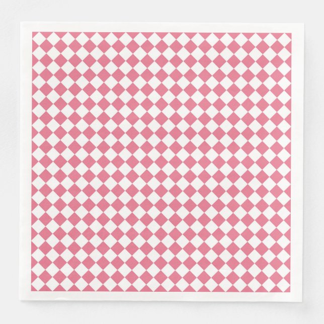 Pink White Checker Diamond Pattern Paper Dinner Napkins (Front)