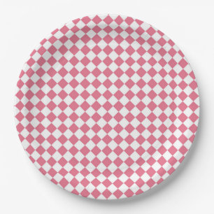Pink White Checker Diamond Pattern Paper Plates