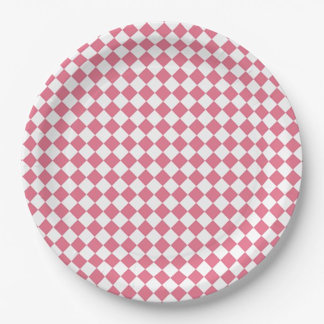 Pink White Checker Diamond Pattern Paper Plates (Front)