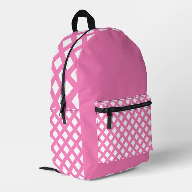 Pink White Checker Diamond Pattern Printed Backpack (Back Corner Left)