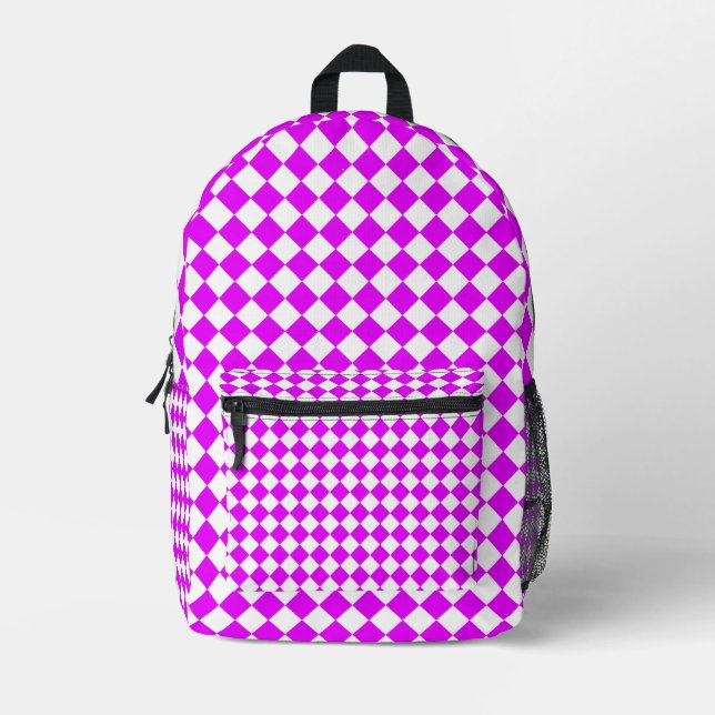 Pink White Checker Diamond Pattern Printed Backpack (Front)