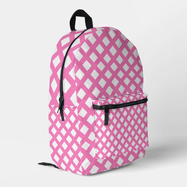 Pink White Checker Diamond Pattern Printed Backpack (Back Corner Left)