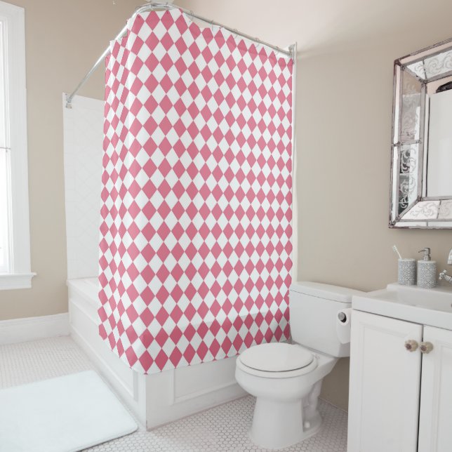 Pink White Checker Diamond Pattern Shower Curtain (In Situ)