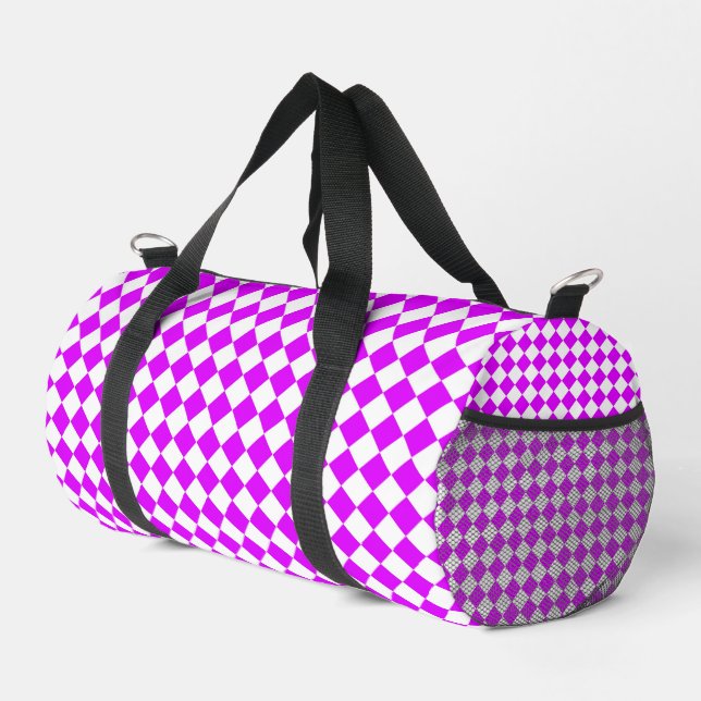 Pink White Checker Diamond Pattern Small Duffle Bag (Right Corner)