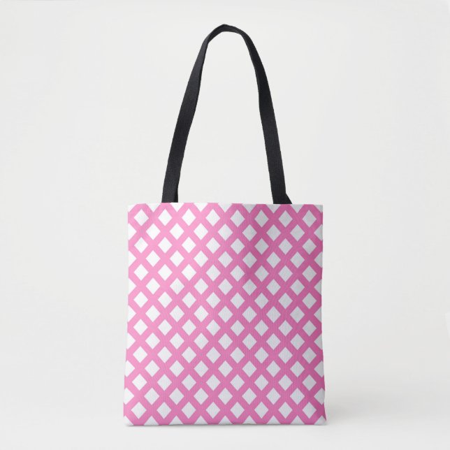 Pink White Checker Diamond Pattern Tote Bag (Front)
