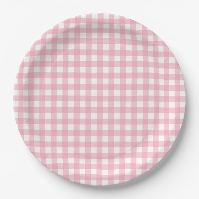 Pink & White Checkerboard Pattern Paper Plates (Front)