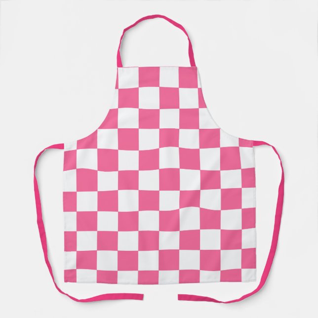 Pink White Checkered Check Pattern Apron (Front)