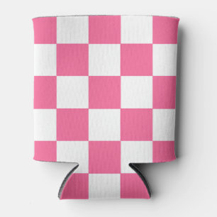Pink White Checkered Check Pattern Can Cooler