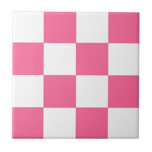 Pink White Checkered Check Pattern Ceramic Tile