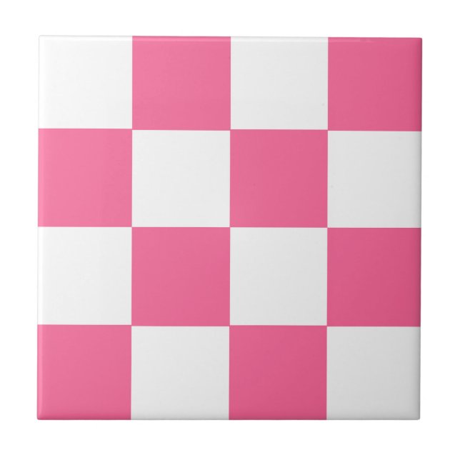 Pink White Checkered Check Pattern Ceramic Tile (Front)
