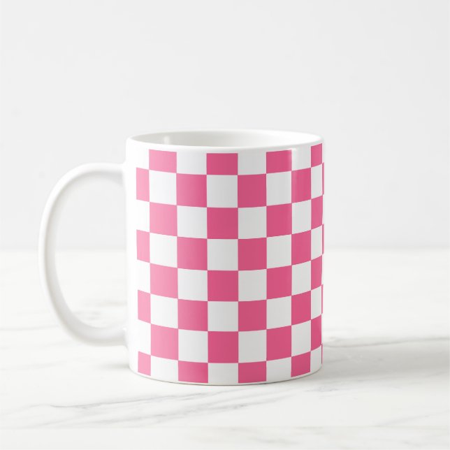 Pink White Checkered Check Pattern Coffee Mug (Left)