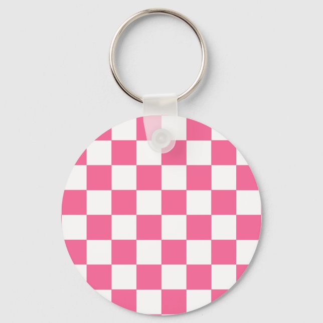 Pink White Checkered Check Pattern Keychain (Front)