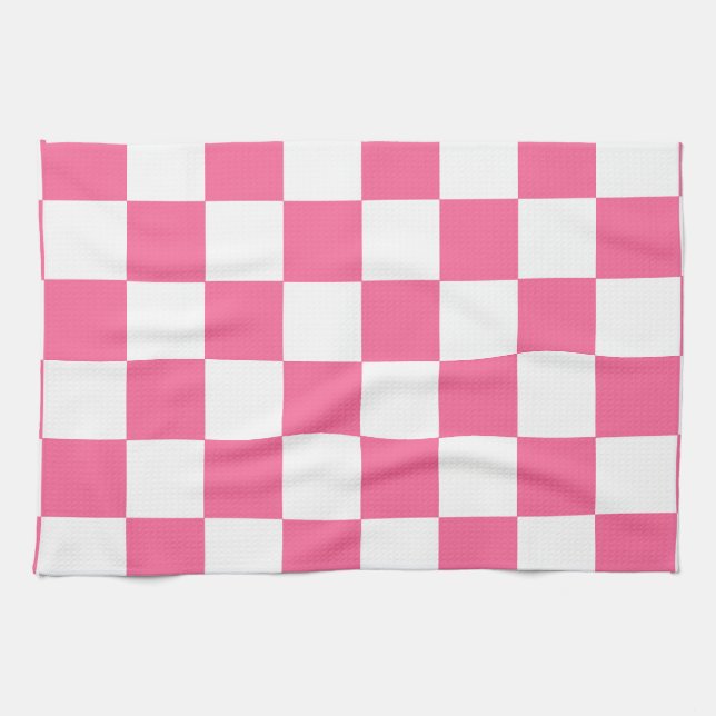 Pink White Checkered Check Pattern Kitchen Towel (Horizontal)