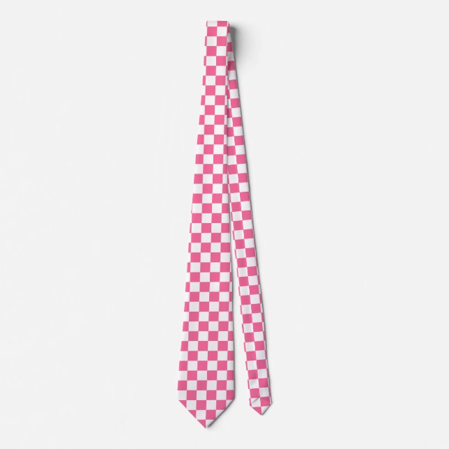 Pink White Checkered Check Pattern Neck Tie (Front)