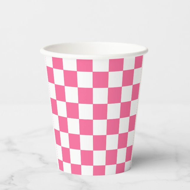 Pink White Checkered Check Pattern Paper Cups (Front)