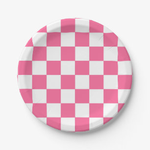 Pink White Checkered Check Pattern Paper Plates