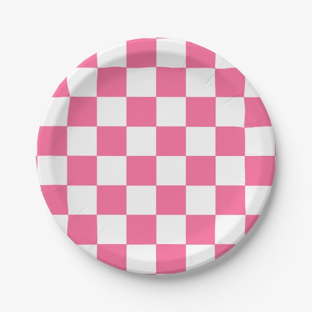 Pink White Checkered Check Pattern Paper Plates (Front)
