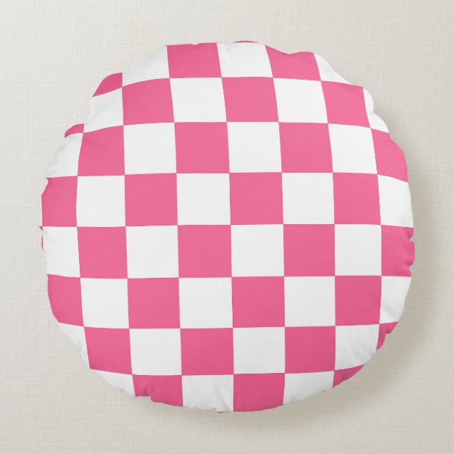 Pink White Checkered Check Pattern Round Pillow (Front)