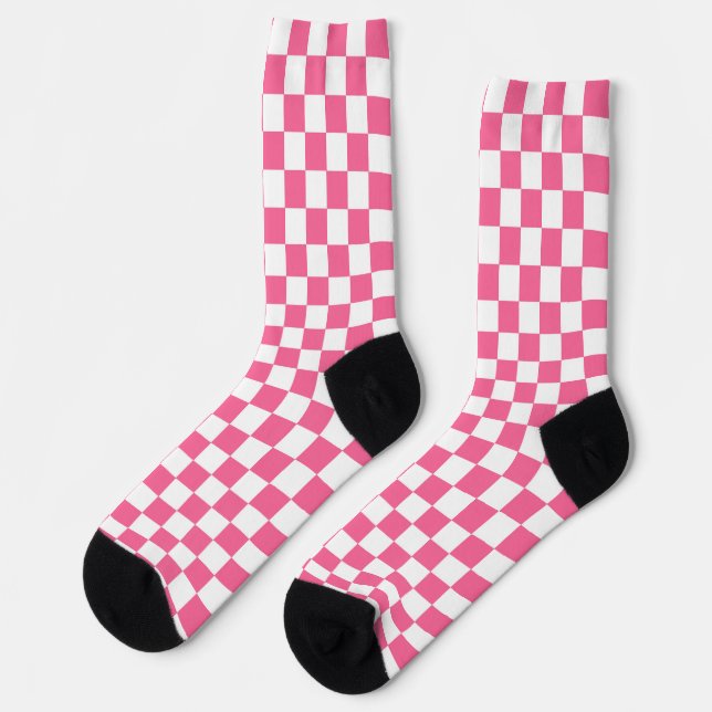Pink White Checkered Check Pattern Socks (Left)