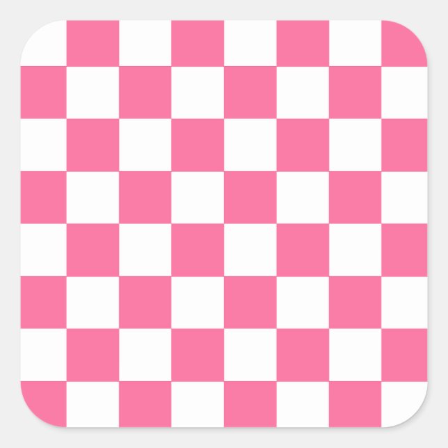 Pink White Checkered Check Pattern Square Sticker (Front)