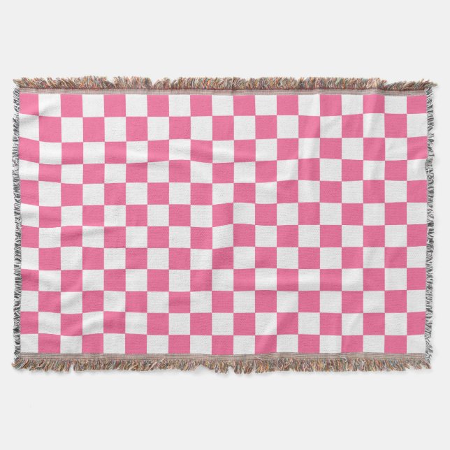 Pink White Checkered Check Pattern Throw Blanket (Front)