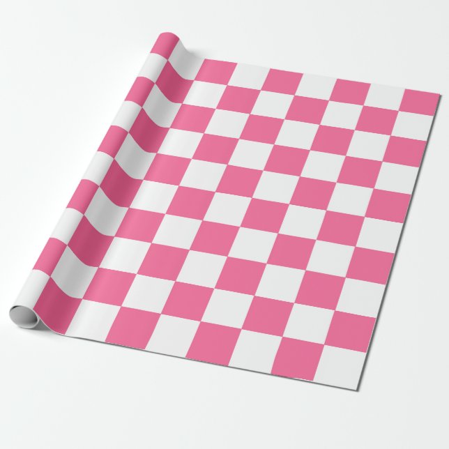 Pink White Checkered Check Pattern Wrapping Paper (Unrolled)