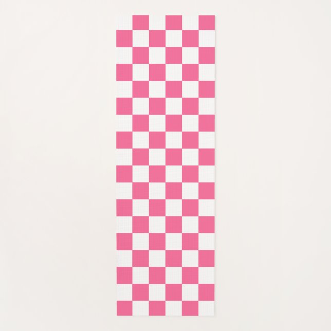 Pink White Checkered Check Pattern Yoga Mat (Front)