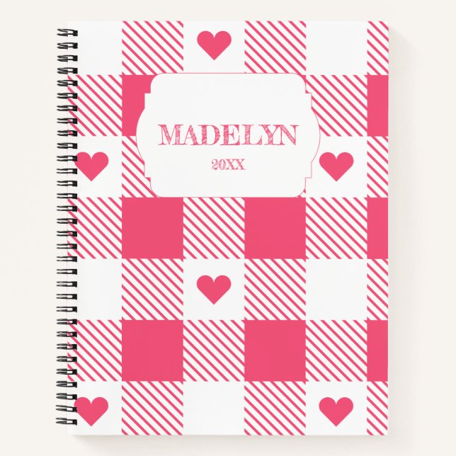 pink &white checkered heart pattern monogram name notebook (Front)
