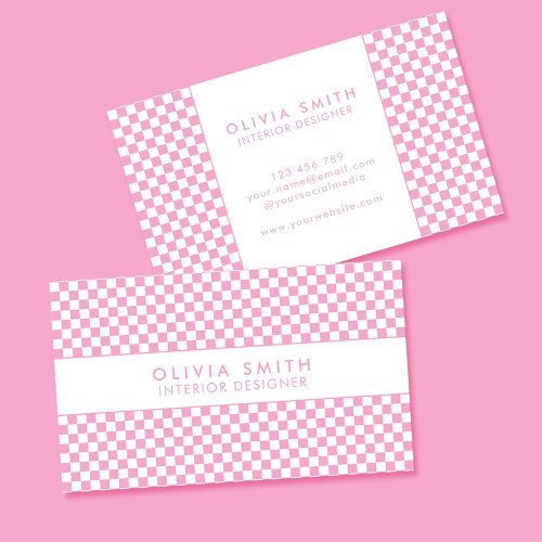 Pink White Checkered Modern Business Card