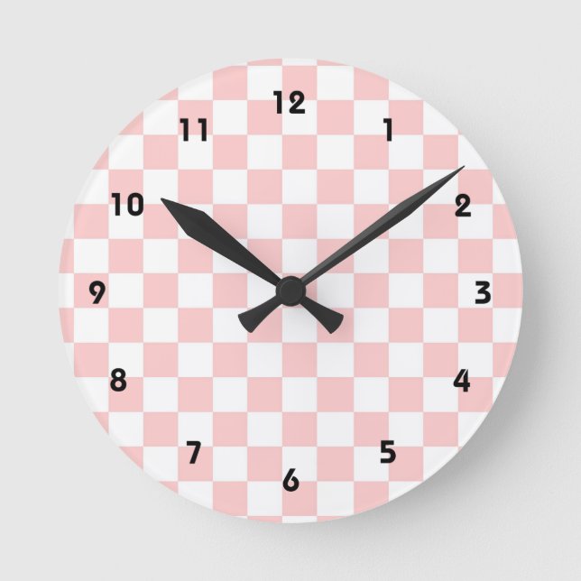 Pink & White Checkered Pattern Wall Clock (Front)